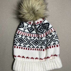 Abercrombie & Fitch Nordic Print Beanie with Faux Fur Pom - Ivory/Red/Black